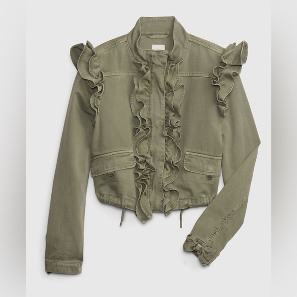 NWT Gap x LoveShackFancy Ruffle Crop Utility Jacket Olive Green Size Medium - Picture 1 of 9